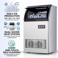 Garvee High-Efficiency Commercial Ice Maker Machine – 100lbs/24H, 33lbs Storage, Stainless Steel, Under Counter, Self-Cleaning, Dual Water Inlet, LED, Fast 45pcs Clear Ice, for Bar, Restaurant, Office, Silver Black
