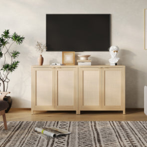 Garvee Rattan Sideboard Buffet Cabinet – Adjustable Shelves – Farmhouse Wood Storage Console with Metal Handle – Entryway, Hallway, Living or Dining Room – Natural Finish