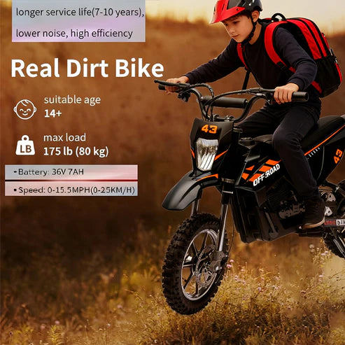 Garvee Ride - Série T : Moto électrique tout-terrain pour enfants 36 V, moteur sans balais 350 W/25 km/h, LED, siège en cuir confortable, capacité de charge maximale de 79 kg - Noir