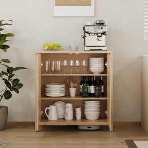 Garvee Rattan Sideboard Buffet Cabinet – Adjustable Shelves – Farmhouse Wood Storage Console with Metal Handle – Entryway, Hallway, Living or Dining Room – Natural Finish