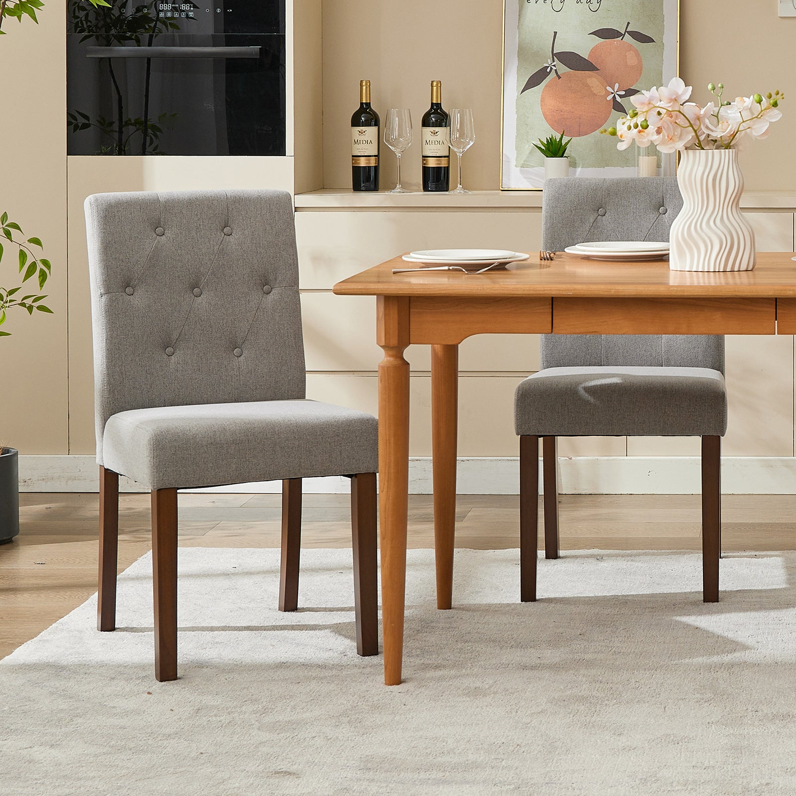 Garvee 2-Pack Tufted Upholstered Dining Chairs Gray Fabric Accent Chairs Wooden Legs Dining Room Living Room
