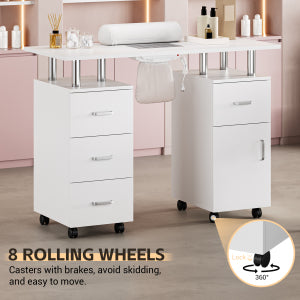 Garvee White Manicure Table with Electric particles Collector – 4 Drawers, Side Cabinet, Lockable Wheels & Wrist Rest, Portable Nail Desk for Salon or Home Storage Furniture, White US Standard