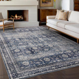 Garvee Oriental Blue 8x10 Living Room Rugs  Large Vintage Floor Carpet with Non-Slip Backing, Machine Washable Oriental Distressed Area Rugs, Stain-Resistant Foldable Low Pile Rugs for Bedroom, Office - Blue