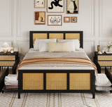 Garvee Black Rattan Bed Frame with Headboard, Boho Cane Platform Queen Bed Frame with 4 Drawers, Strong Metal Slats Support, Noise Free, No Box Spring Needed - Black