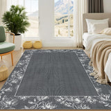 Garvee 9x12 Washable Soft Non Slip Bordered Living Room Rugs Leaf Print Grey Ultra Thin Carpet for Home Office Apartment - Dark Grey