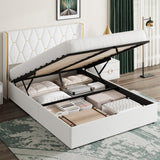 Garvee Full Size Lift Up Storage Bed Frame with Gold Wingback Headboard, Velvet Upholstered, Hydraulic Support, White, Spacious & Sturdy - White