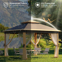 Garvee 11x11 ft Outdoor Gazebo Heavy Duty Metal Frame Double Roof Patio Shelter Mosquito Net Khaki