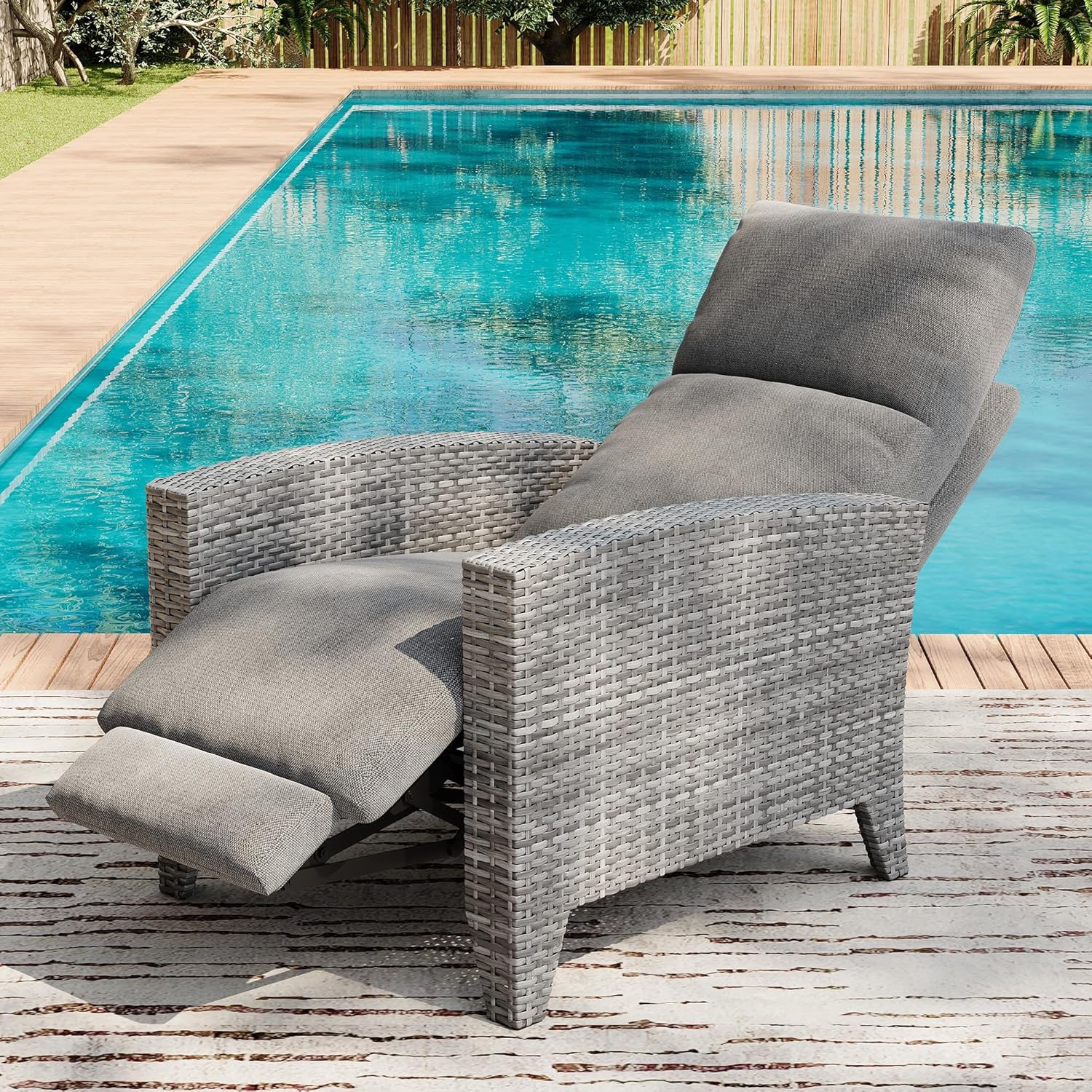 Garvee Wicker Reclining Patio Chair with Adjustable Back and Footrest, Outdoor Recliner Chair for Garden, 150° Lay Flat, Removable Cushion, Grey
