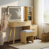 Garvee Vanity Desk with Lighted Mirror, Makeup Vanity with Charging Station, Glass Top Dressing Table, Natural Wood, Bedroom - Natural Wood