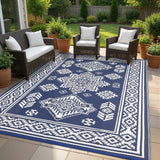 Garvee 9x18 Vintage Outdoor Rugs Waterproof Patio Rugs Indoor Outdoor Medallion Reversible Mat Foldable Lightweight Plastic Straw Carpet Navy - Vintage-Navy & White
