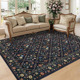 Garvee Large Area Rugs 10x13 Washable Rug Navy & Black Floral Carpet Soft Non Slip Low Pile Faux Wool for Bedroom Kitchen Bathroom - Navy Blue/Black