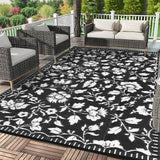 Garvee Floral Outdoor Rug 8x10 Waterproof Vintage Plastic Straw Rug for Patio Backyard Camper Black - Floral|Black