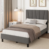 Garvee Twin Size Bed Frame with Adjustable Headboard Linen Upholstered Twin Platform Bedframe Strong Wooden Slats Mattress Foundation No Box Spring Needed Easy Assembly - Dark Gray-Adjustable Headboard