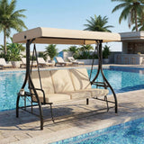 Garvee 3-Seat Outdoor Porch Swing with Adjustable Canopy, Convertible Patio Swing Bed, Beige, Weather-Resistant, Thick Cushions - Beige