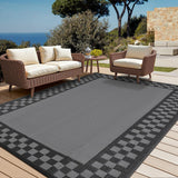 Garvee 9x18 Modern Checkered Outdoor Rugs Waterproof Patio Rugs Indoor Outdoor Bordered Reversible Mat Foldable Lightweight Plastic Straw Carpet Grey