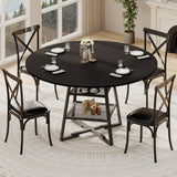 Garvee Dining Room Round Table Set for 4-6 with Metal Base and Storage Shelf, 47 Inch Wooden Circle Kitchen Table, Rustic Black Finish - Black
