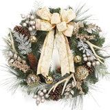 Garvee 24" Christmas Wreath, Outdoor Christmas Wreath for Front Door, Battery Operated Xmas Wreath with Gold Ball Ornaments Pine Cones Antlers 20 LED Lights for Home Holiday Decor