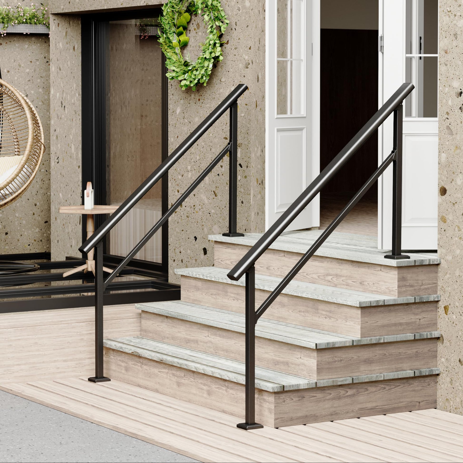 Garvee Aluminum Alloy Outdoor Hand Rails With Installation Kit For Concrete Porch Steps, 4-5 Steps, Black
