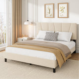 Garvee Full Size Bed Frame with Adjustable Headboard, Linen Upholstered, Strong Wooden Slats, Mattress Foundation, Easy Assembly, Neutral Color - Beige-Adjustable Headboard