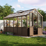 Garvee 6x12 FT Wooden Greenhouse With PC Panels, Adjustable Roof Vents & Lockable Door For Garden, Backyard, Patio, Lawn, Green - Dark Brown