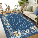 Garvee Blue 6x9 Area Rugs Floral Pattern Washable Non-Slip Low-Pile Carpet for Living Room Bedroom Dining Room - Blue