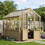 Garvee 6x8 FT Wooden Greenhouse with PC Panels, Adjustable Roof Vents & Lockable Door for Garden, Backyard, Patio, Lawn, Green - Natural Oak