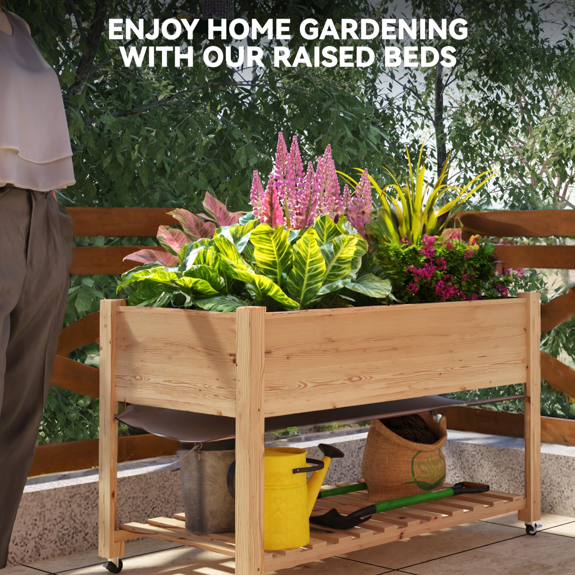 Garvee 48x24x32-Inch Mobile Elevated Garden Bed with Lockable Wheels & Storage Shelf, Tall Wood Planter Box, Acorn Brown