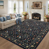 Garvee Floral 9x12 Area Rugs Soft Washable Stain Resistant Non-Slip Navy&Black for Living Room Bedroom Office - Navy Blue/Black