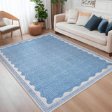 Garvee Modern Blue 5x7 Scalloped Washable Area Rugs for Living Room, Solid Rug for Bedroom Girls, Non Slip Scalloped Rugs Throw Mat With Rubber Back, Soft Dorm Nursery Low Pile Carpet for Dining Room - Blue