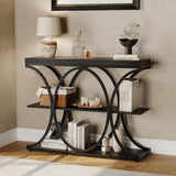 Garvee 39" Console Tables Industrial 3-Tier Sofa Table with Round Metal Base for Living Room Hallway Foyer Black Wood Grain - Black-Circle