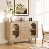 Garvee 47.2" Sideboard Buffet Cabinet With 2 Fluted Glass Doors & 3 Drawers, Adjustable Shelves, Natural Wood, Modern Farmhouse Style, 47.24in L x 15.75in D x 32.28in H - Burlywood