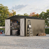 Garvee 10x10 FT Outdoor Storage Shed Metal Garden Shed Lockable Waterproof Galvanized Steel Reinforced Frame Ventilated for Tools Lawn Equipment - Brown