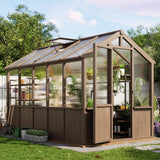 Garvee 6x10 FT Wooden Greenhouse with PC Panels - Walk-in Garden Green House, Adjustable Roof Vents, Lockable Door, Green Color - Dark Brown