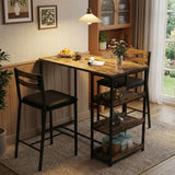 Garvee 3-Piece Kitchen Table Set with Storage Shelves & Upholstered Chairs for Small Spaces, Rustic Brown, Iron and Wood - Rustic Brown