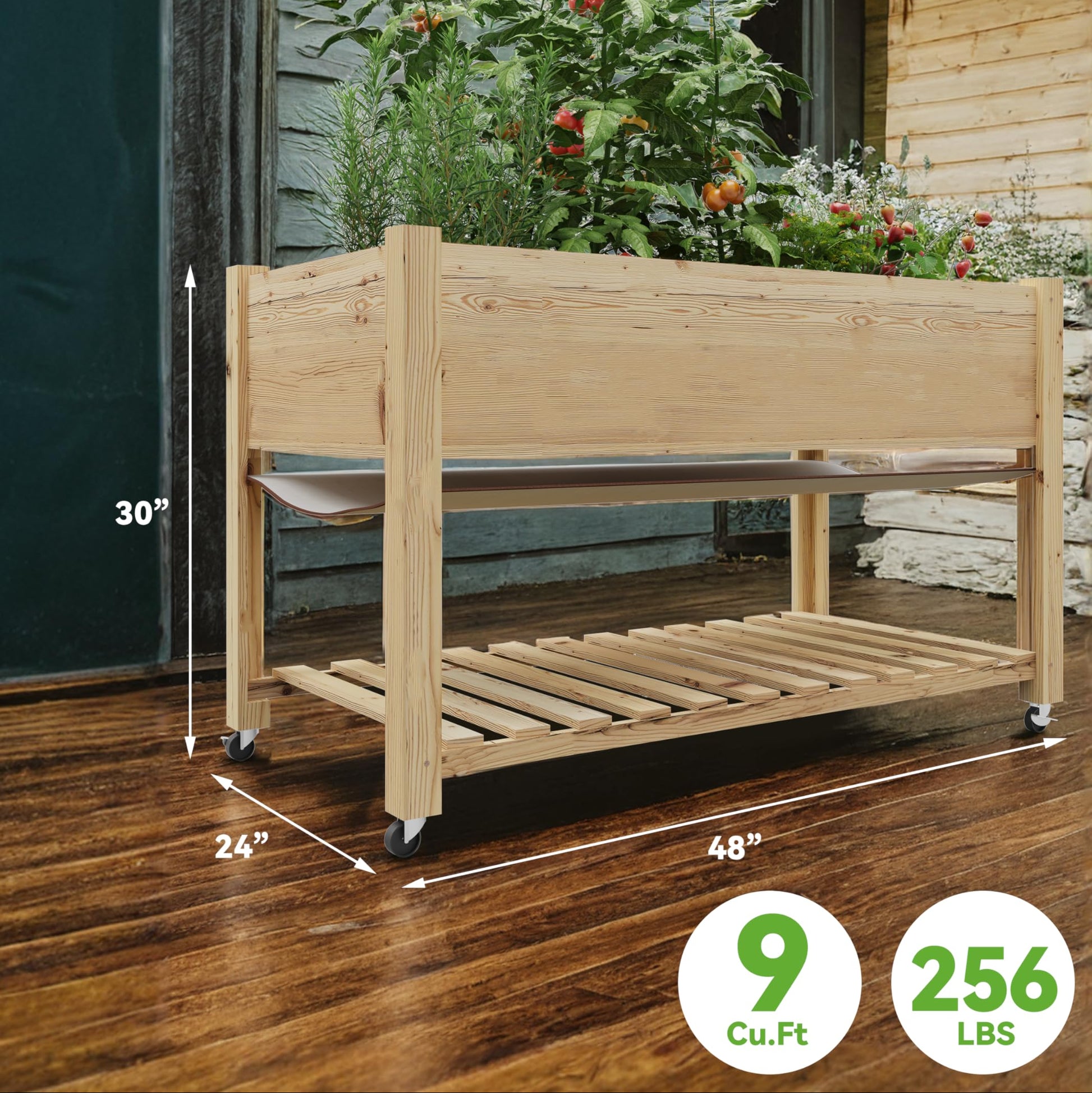 Garvee 48x24x32-Inch Mobile Elevated Garden Bed with Lockable Wheels & Storage Shelf, Tall Wood Planter Box, Acorn Brown