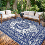 Garvee 8x10 Outdoor Rug Waterproof Reversible Plastic Straw Mat Vintage Medallion Dark Blue White Patio Deck Camping Beach Picnic - Navy&White