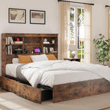 Garvee Queen Bed Frame with Tall Bookcase Headboard & 4 Storage Drawers, Charging Station, Sturdy Metal Slats, 1000 LBS Capacity, Brown - Vintage Brown