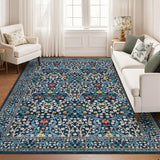 Garvee Washable Rug Floral Soft Low Pile Non Slip Stain Resistant Carpet for Living Room Dining Room Bedroom Nursery 9x12 Dark Blue - B.Blue