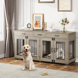 Garvee 71" Wood Dog Crate Furniture with Storage, Double Kennel, Living Room, 71" Length, Neutral Wood Finish - Gray