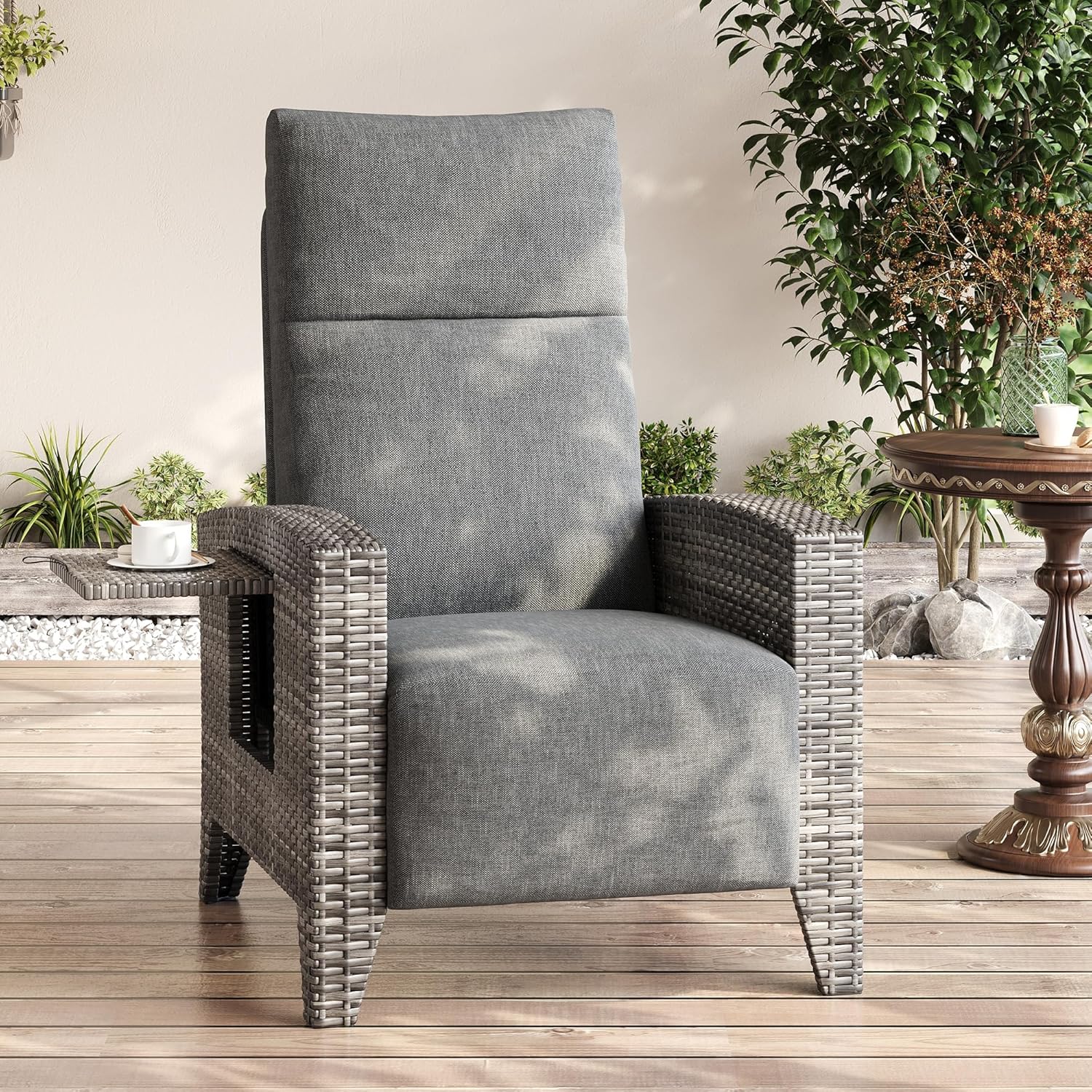 Garvee Wicker Reclining Patio Chair with Adjustable Back and Footrest, Outdoor Recliner Chair for Garden, 150° Lay Flat, Removable Cushion, Grey