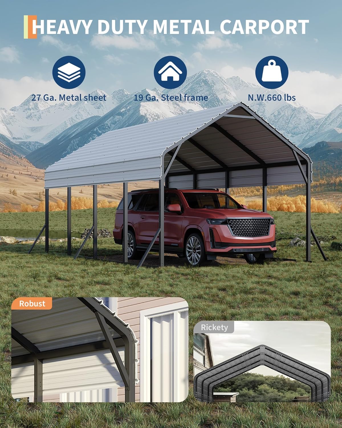 Garvee 13 ft x 21 ft x 11 ft Oversized Metal Carport Heavy Duty Steel Shed for Bass Boats Pickup Trucks Tractors, 660 LBS, All-Weather Protection, Grey
