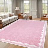 Garvee Modern Pink 9x12 Scalloped Washable Area Rugs for Living Room, Solid Rug for Bedroom Girls, Non Slip Throw Mat With Rubber Back, Soft Dorm Nursery Carpet for Dining Room - Pink