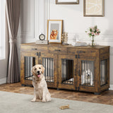 Garvee 71" Wood Dog Crate Furniture with Storage, Double Kennel w/ Divider & Drawers for Living Room, 71" XL, Neutral Wood Finish - Rustic Brown