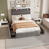 Garvee Queen Size Upholstered Platform Bed Frame with 4 Storage Drawers and Charging Station, Adjustable Wingback Headboard, Diamond Tufted, No Box Spring Needed, Grey