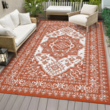 Garvee Outdoor Plastic Straw Rug 9x12 Reversible Waterproof Patio Rug Red and White Vintage Medallion Design - Orange