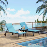 Garvee Outdoor Lounge Chairs With Wheels Adjustable Backrest Poolside Loungers Patio Chaise Lounge Chairs With Side Table Set of 3 - Blue
