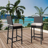 Garvee Set of 2 Outdoor Bar Stools Rattan with Soft Cushions Ergonomic Footrest Steel Frame UV-Resistant Weatherproof for Patio Pool Terrace 40x45x103 cm
