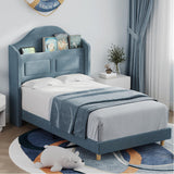 Garvee Twin Bed Frame Upholstered Velvet Platform Bed for Kids Boys Girls with Wingback Storage Bookcase Headboard LED Lights Blue - Blue
