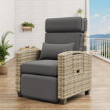 Garvee Outdoor Wicker Recliner Chair Adjustable Backrest & Footrest with Removable Cushion and Flip-Up Table for Patio Balcony Poolside Gray - Grey Rattan + Grey Cushion