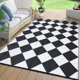 Garvee Outdoor Rug 10x14 Large Plastic Straw Rug Reversible Portable Waterproof Patio Mat Black/White Diamond - White